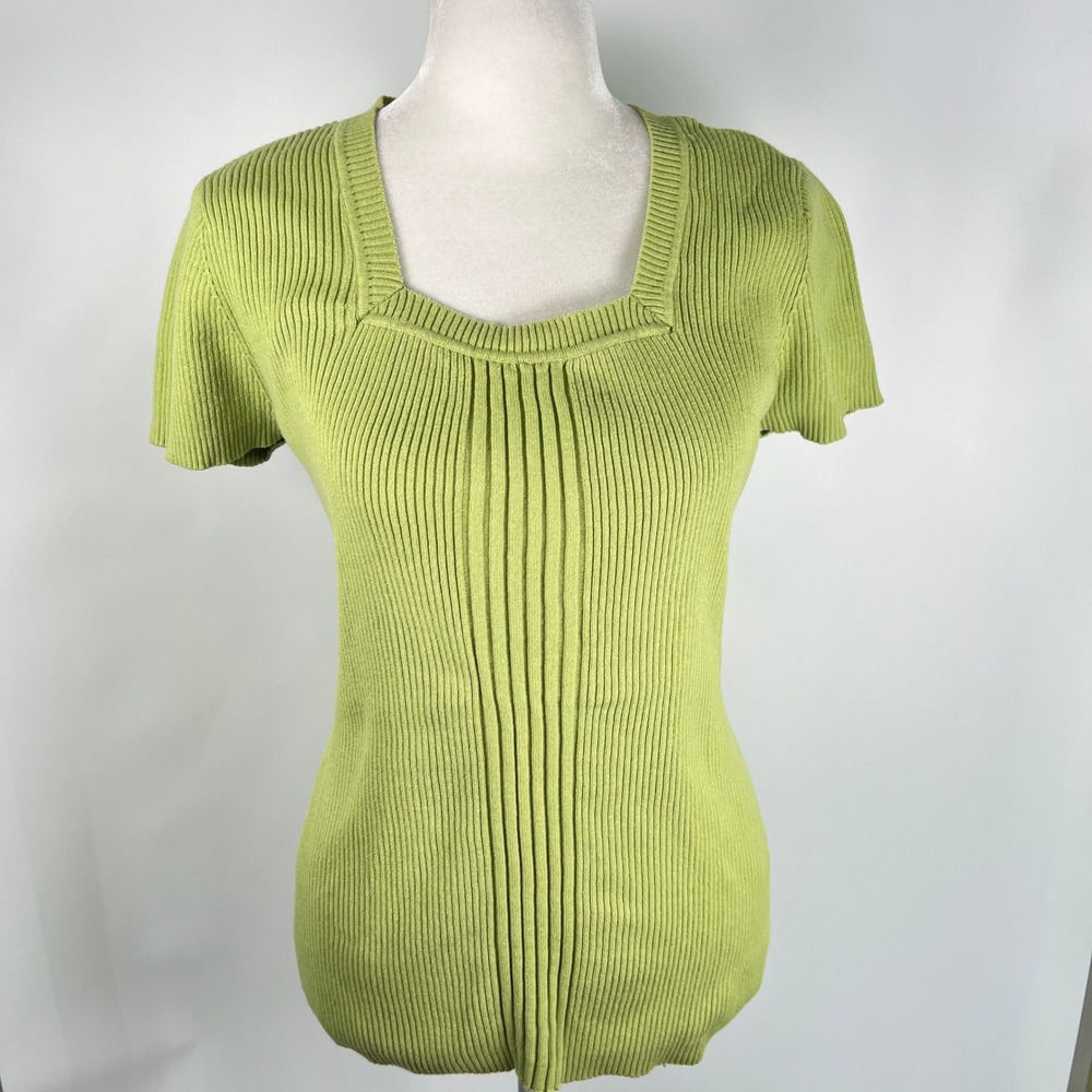 Liz & Co Lime Green Ribbed Square Neck Short Sleeve Cotton Sweater XL Y2K
